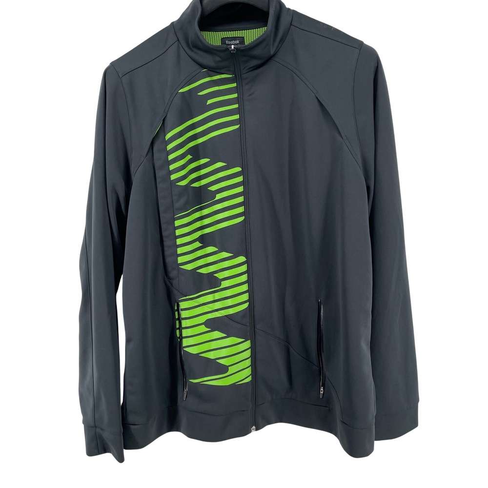 Reebok Mens PlayDry Full Zip Track Jacket Gray Neon Green Graphic Size‎ 2XL